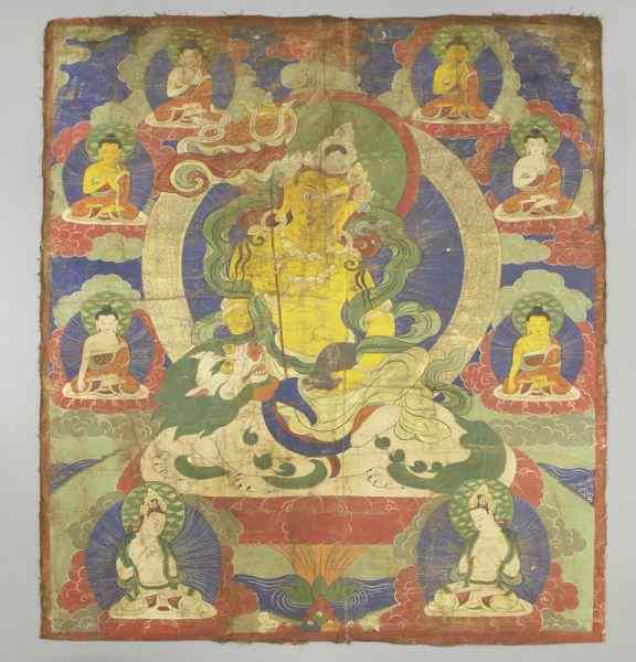 Appraisal: Chinese-Tibetan thangka depicting Jambhalaseated on a lion with a rat