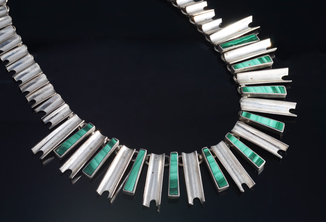 Appraisal: MEXICAN STERLING SILVER MALACHITE COLLAR NECKLACE A most dramatic display