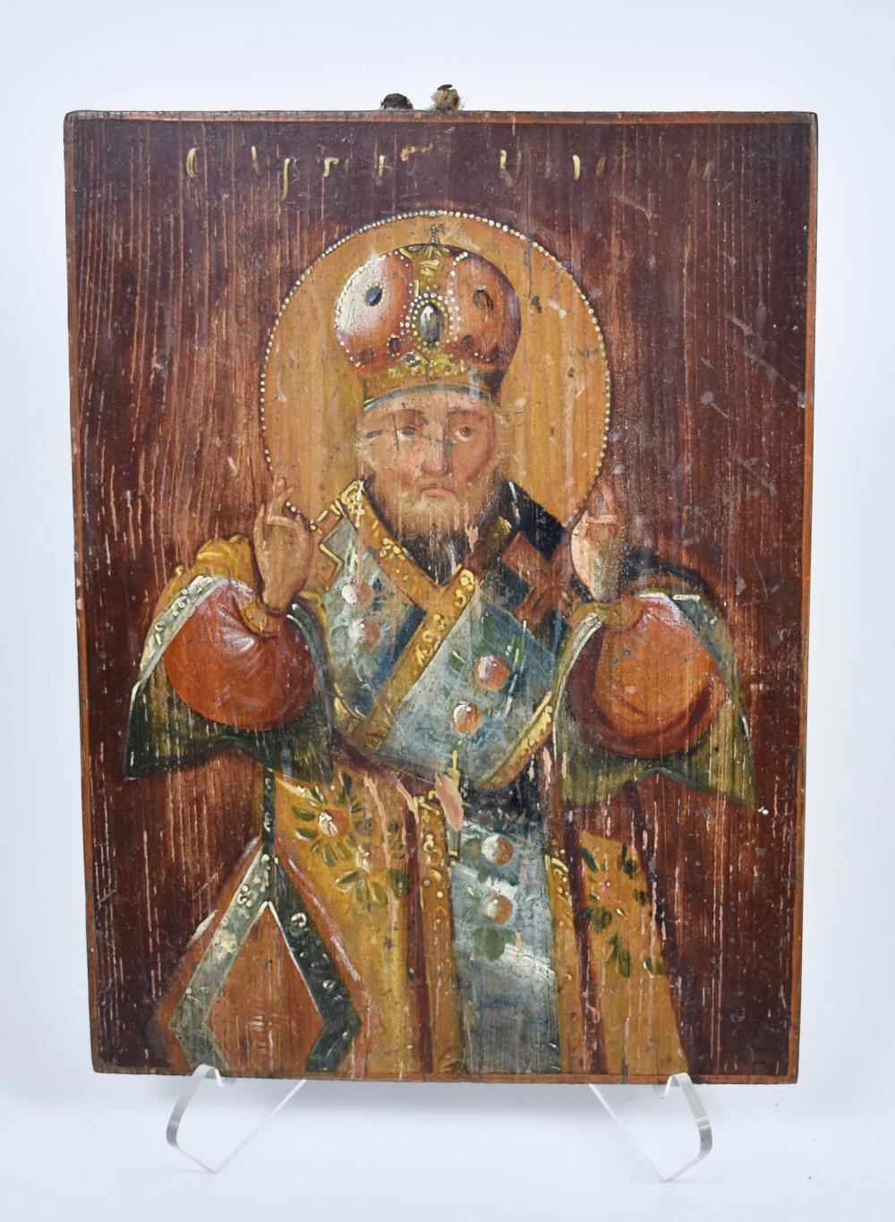 Appraisal: EASTERN ORTHODOX PAINTED WOOD ICONProbably Early th Century Painted to