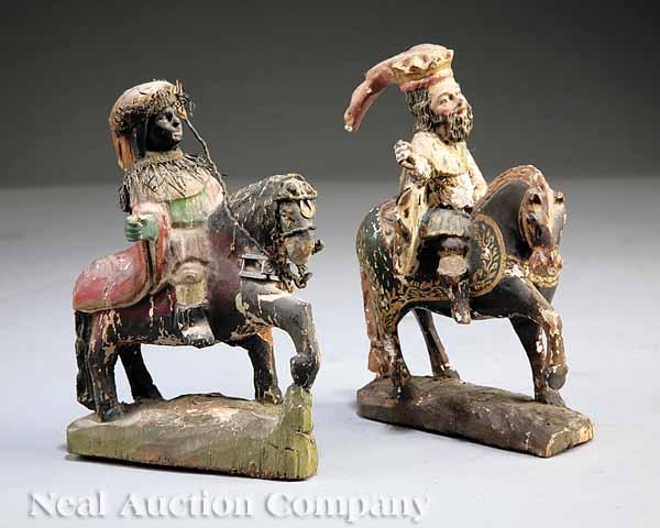 Appraisal: Two Continental Carved and Polychromed Wood Equestrian Figures of Princes