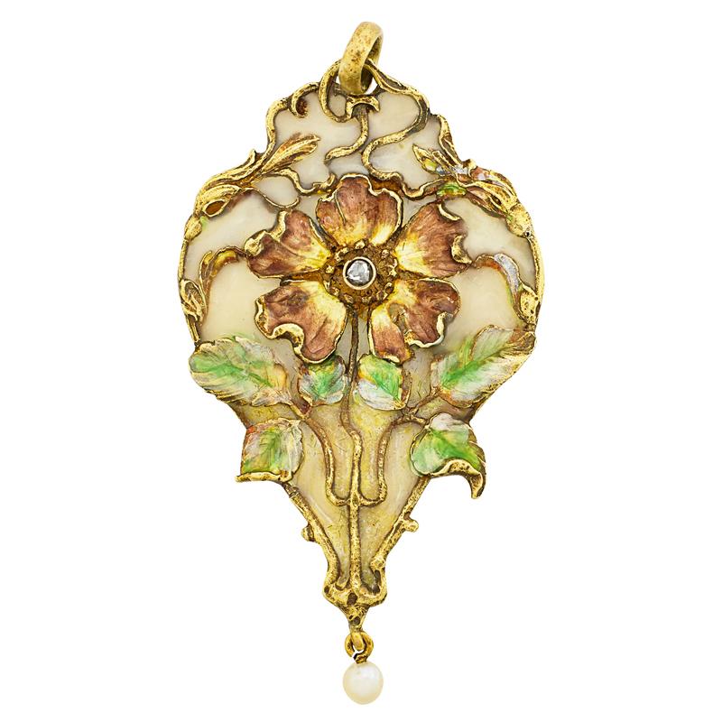 Appraisal: ART NOUVEAU ENAMELED GOLD PENDANT Condition Report Some plique restoration