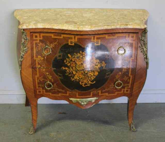 Appraisal: Louis XV Style Marquetry Inlaid Bombe MarbleTop Commode From a