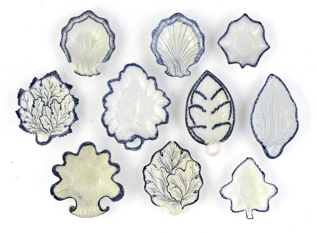 Appraisal: TEN PEARLWARE PICKLE DISHES of shell cabbage leaf or other