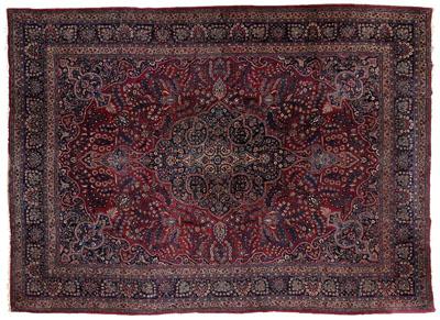 Appraisal: Kermin rug ornate central medallion on brick red field with