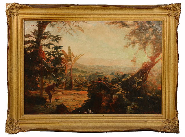 Appraisal: CHARLES E GORDON-FRAZER - Jungle clearing with crouching native hunter