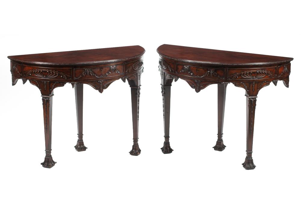 Appraisal: Pair of Antique Chippendale-Style Carved Mahogany Demilune Console Tables th