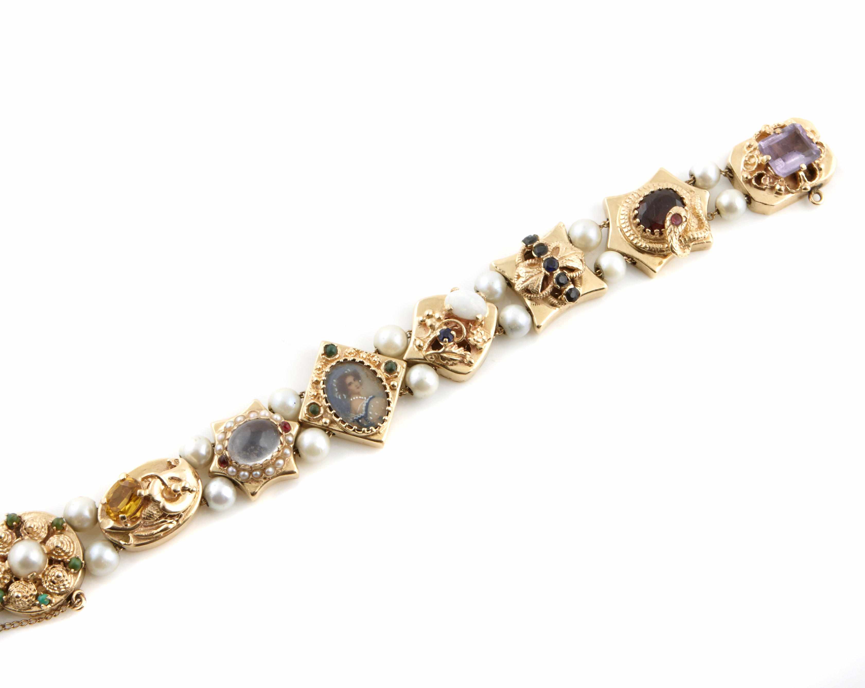 Appraisal: A gem-set slide bracelet designed as slides interspaced with cultured