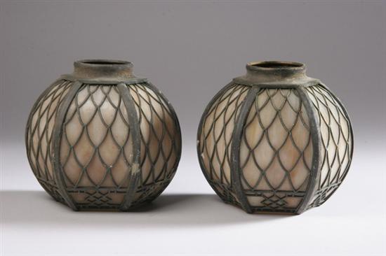 Appraisal: PAIR HANDEL SLAG GLASS GLOBES WITH BRONZE OVERLAY early th