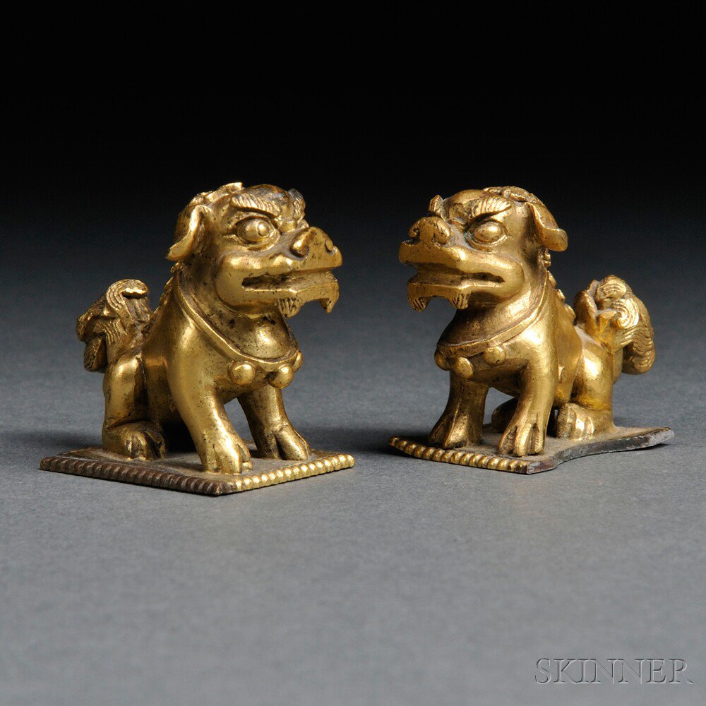 Appraisal: Pair of Miniature Gilt-bronze Foo Lions China th century or