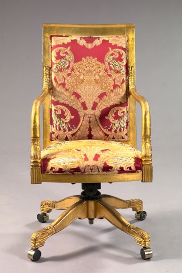 Appraisal: Empire-Style Giltwood Fauteuil the padded back surmounted by a scrolling