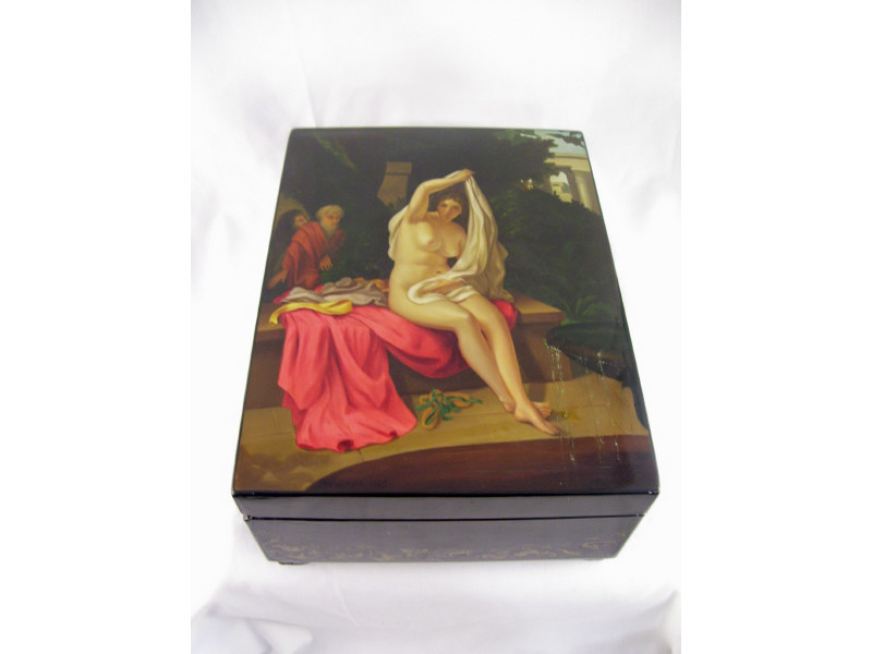 Appraisal: Russian Lacquered Wooden Box Wooden hand decorated box with bathing