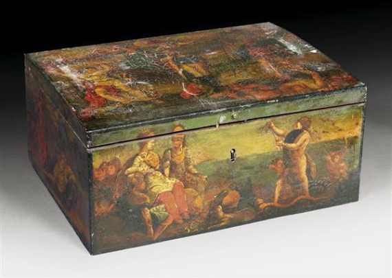 Appraisal: TOLE PEINTE PAINTED CASKET Late Baroque probably The Netherlands th