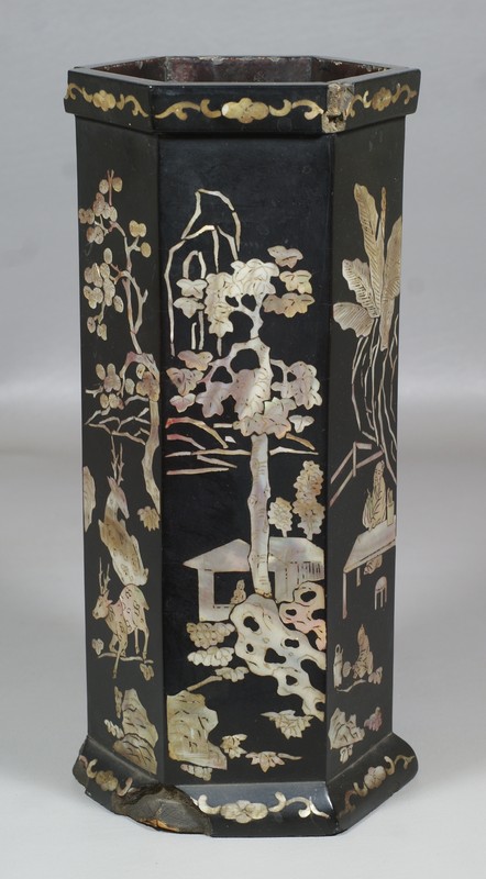 Appraisal: Chinese Mother Of Pearl Inlaid Lacquer Hat Stand mandarin scenes