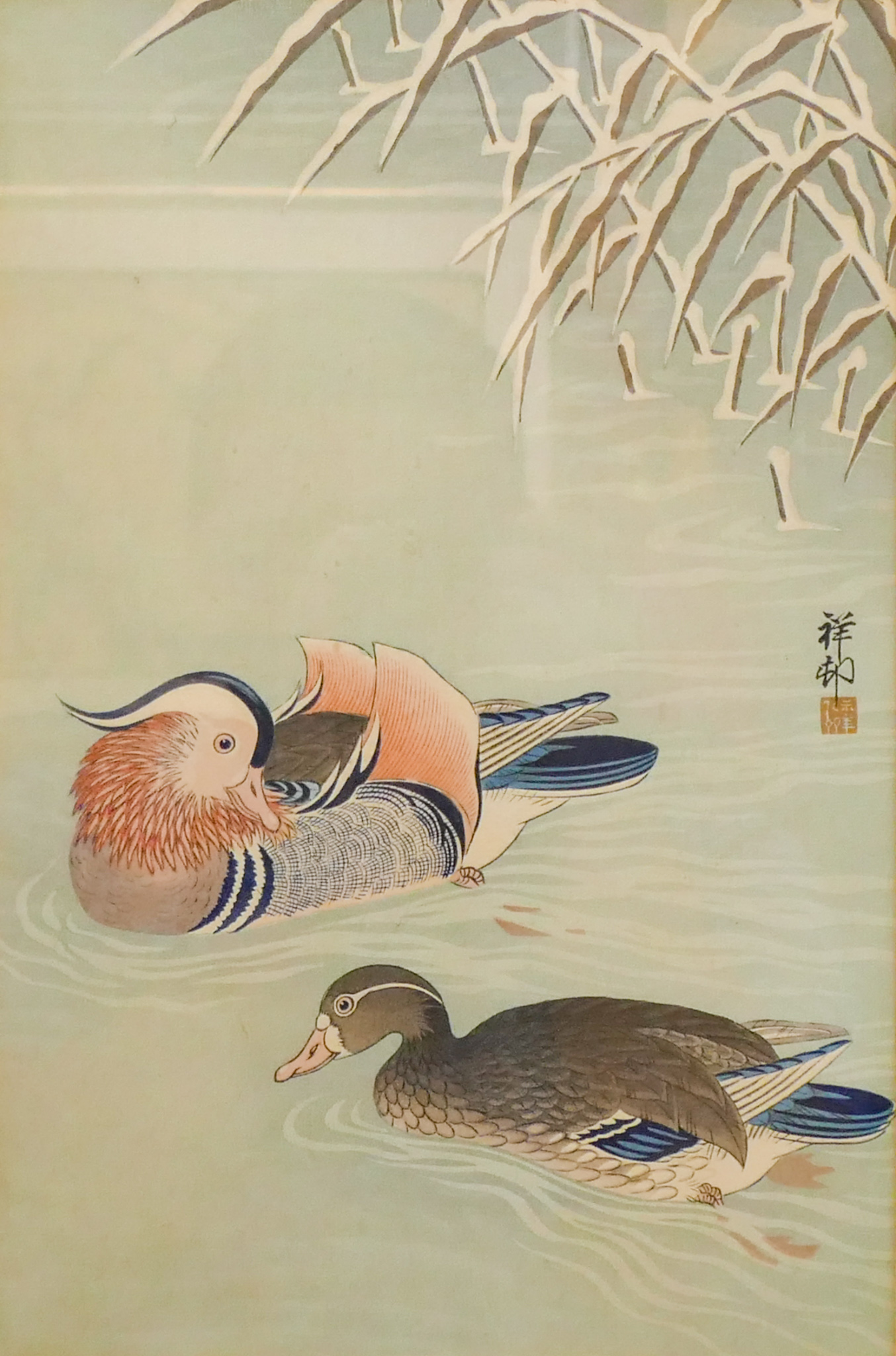 Appraisal: Ohara Koson ''Mandarin Ducks in Snow'' Vintage Japanese Woodblock Framed