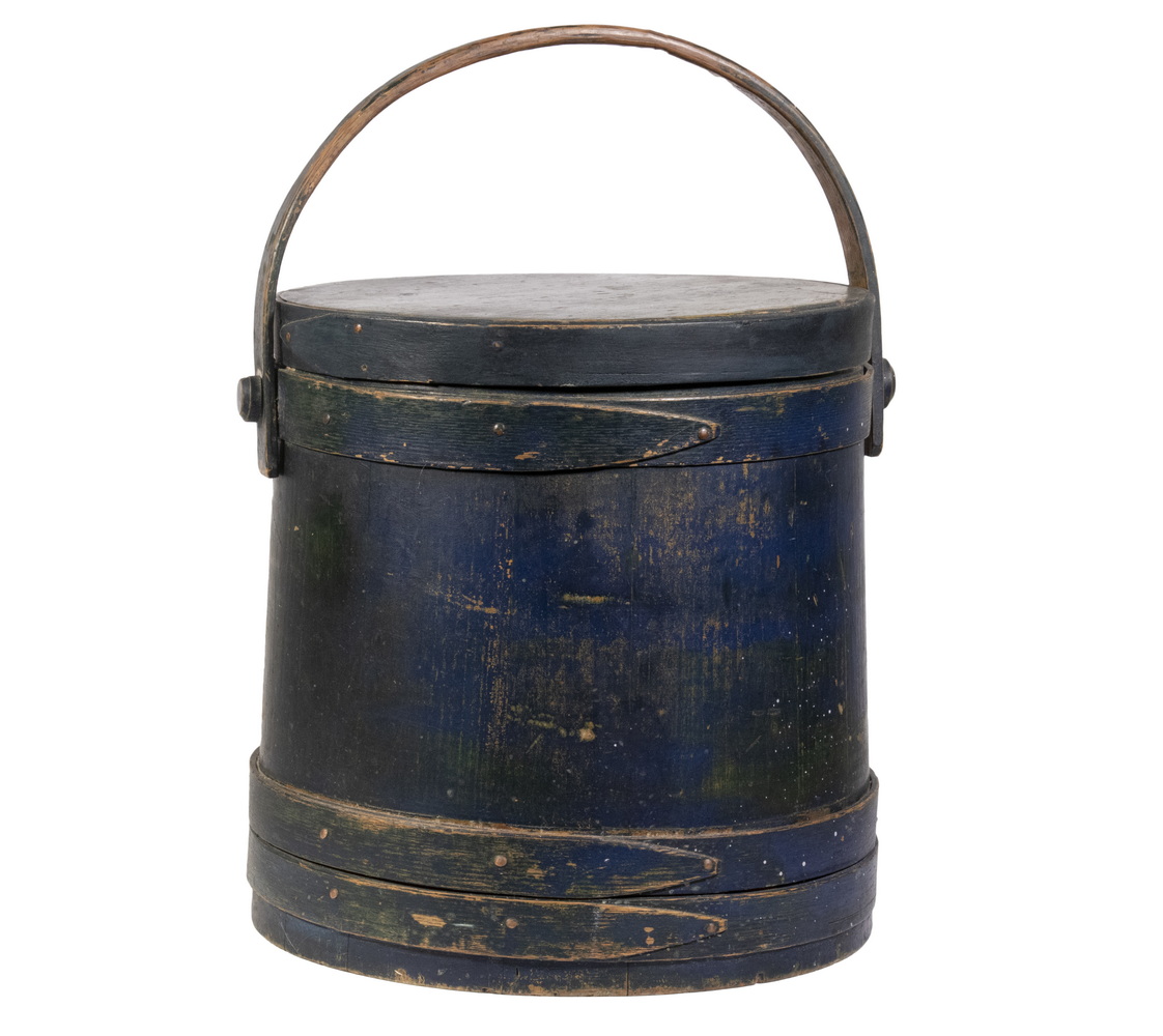 Appraisal: TH C BLUE PAINTED WOODEN FIRKIN Early Lidded Bucket with