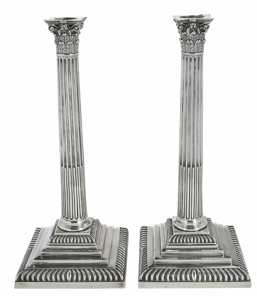 Appraisal: Pair of George III English Silver Candlesticks London Corinthian form