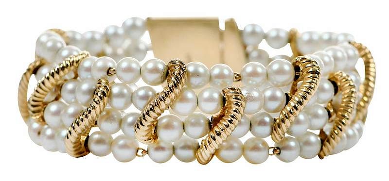 Appraisal: Lucien Piccard kt Pearl Bracelet four rows pearl beads approx