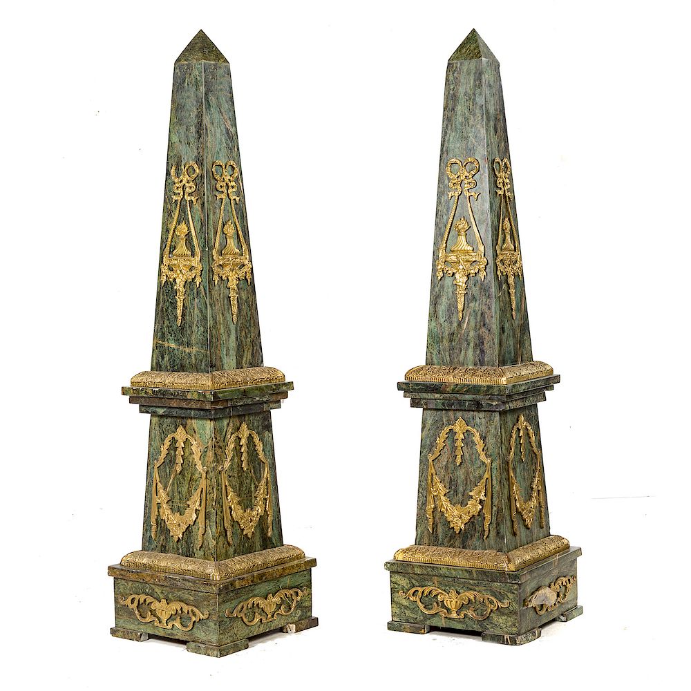 Appraisal: Pair Empire style brass mounded marble obelisks thc century green