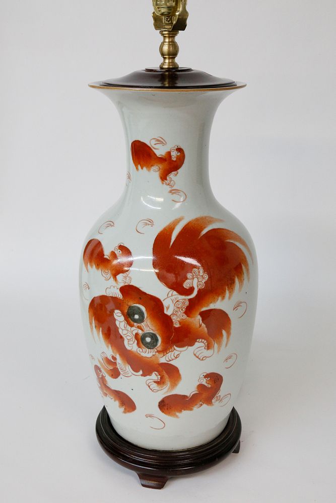 Appraisal: Chinese Red Foo Dog Porcelain Vase Mounted as Lamp Chinese