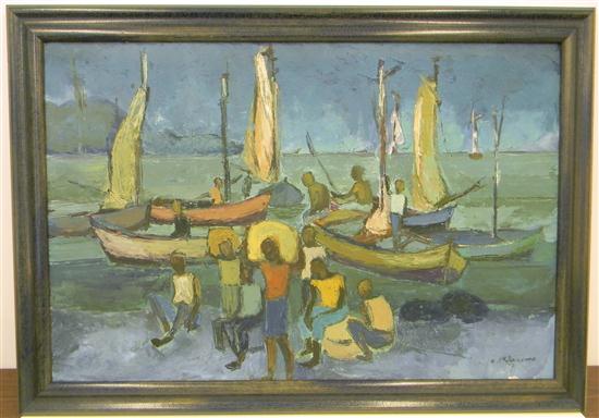 Appraisal: Carlo Jean Jacques acrylic on canvas Blue Boats in Harbor