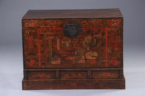 Appraisal: CHINESE POLYCHROME WALNUT WOODEN TRUNK th century Shanxi province Rectangular