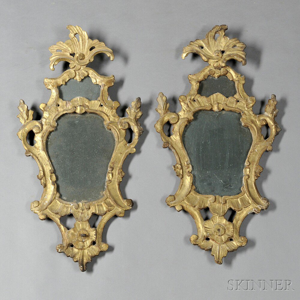 Appraisal: Pair of Louis XV Rococo Giltwood Mirrors France th century