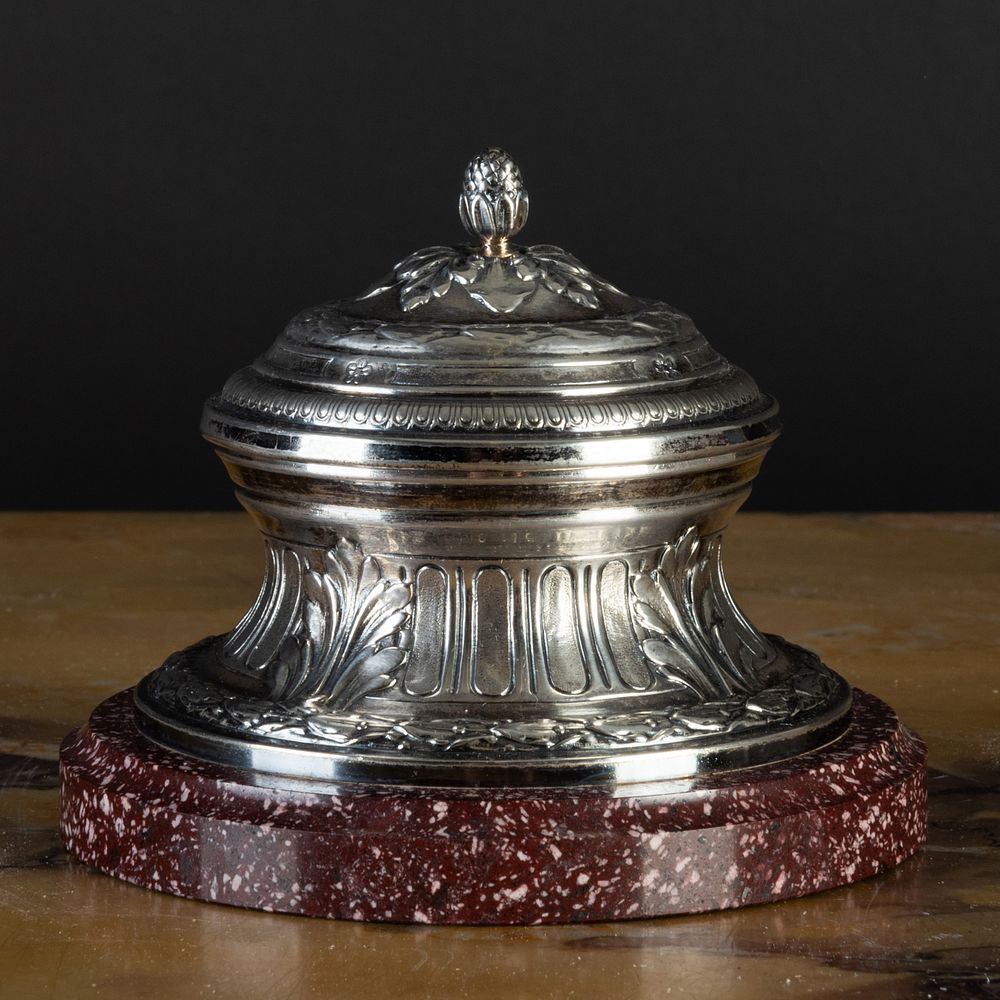 Appraisal: French Silver Inkwell on Porphyry Base Indistinctly marked x in