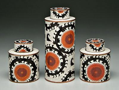 Appraisal: Three cloisonn tea caddies Ouzbeck pattern red chrysanthemums within blue