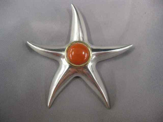 Appraisal: Tiffany Sterling Silver k Gold Coral Starfishfigural brooch '' across