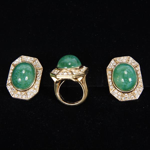 Appraisal: Ciner pc Green Cabochon Stone with Rhinestones Ring Clip Earrings