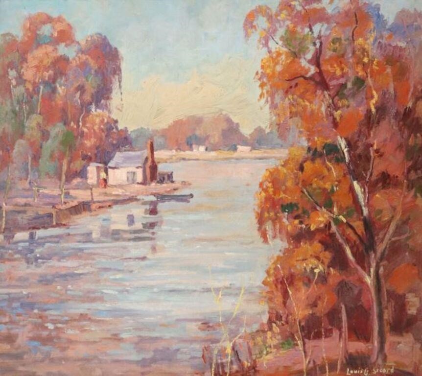 Appraisal: Framed oil on board painting Autumn River Landscape signed lower