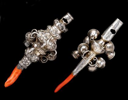 Appraisal: Two George III sterling silver and coral mounted rattles various