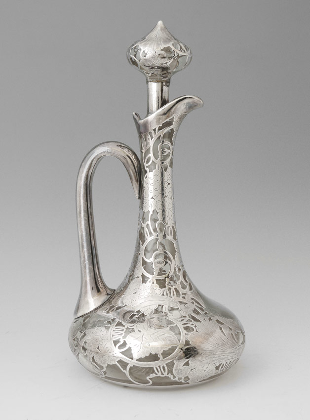 Appraisal: STERLING SILVER OVERLAY EWER Grape vine motif silver overlay on