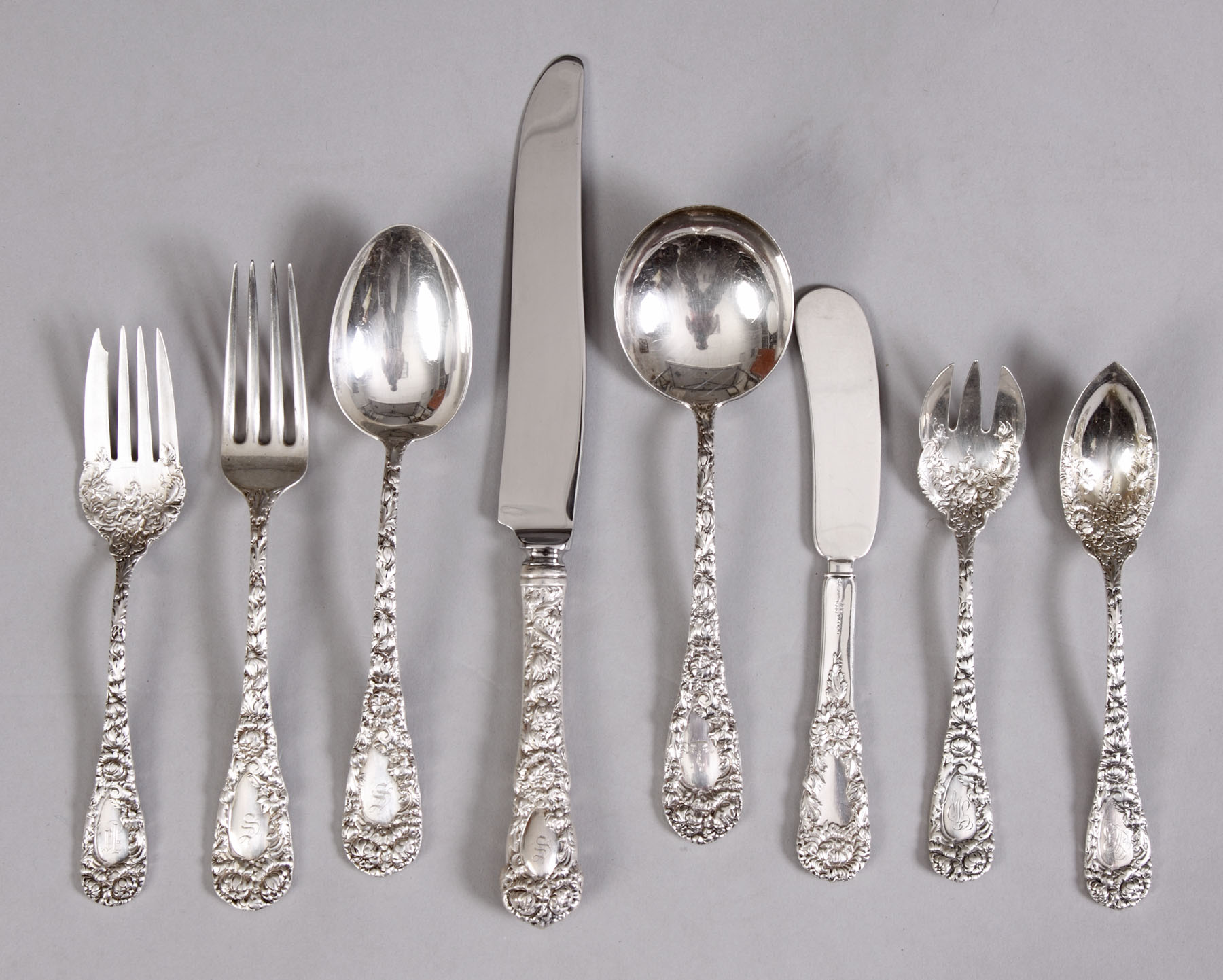 Appraisal: Durgin Chrysanthemum Flatwear Set Serving Pieces place pieces serving pieces