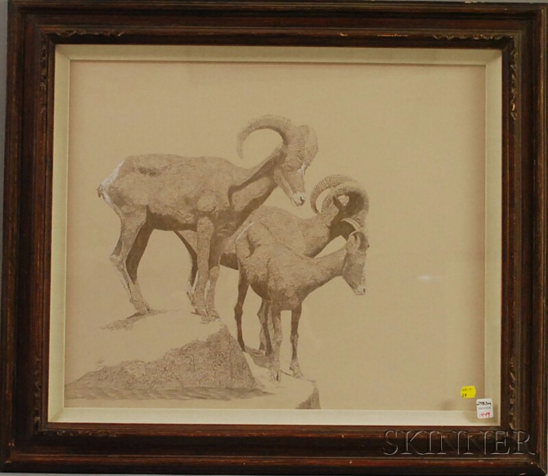 Appraisal: Jon Smith Graphite and Gouache on Paper Sketch Depicting Rams