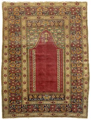 Appraisal: Turkish prayer rug central mihrab with spiral-columned borders olive and