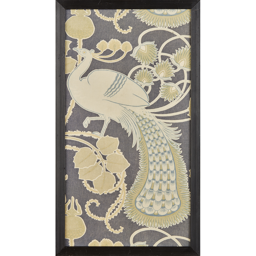 Appraisal: ARTS CRAFTS PRINTED COTTON PANEL CIRCA depicting a peacock in