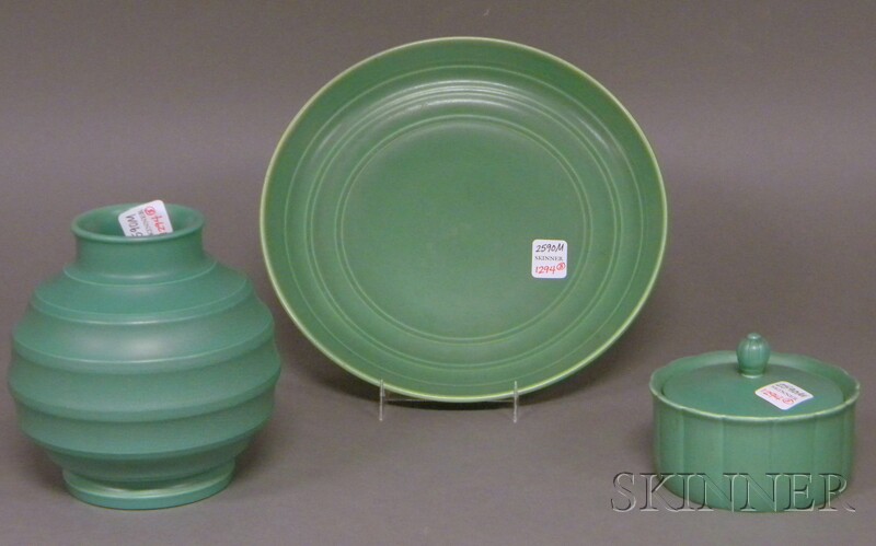 Appraisal: Three Wedgwood Keith Murray Design Matte Green Slip-glazed Items England