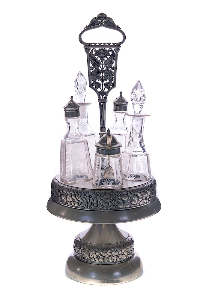 Appraisal: Victorian Silver Plate Cruet Set Good condition Please Email or