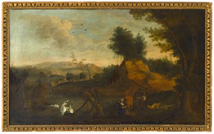 Appraisal: Continental School th centuryromantic landscape with swans milkmaid and cows