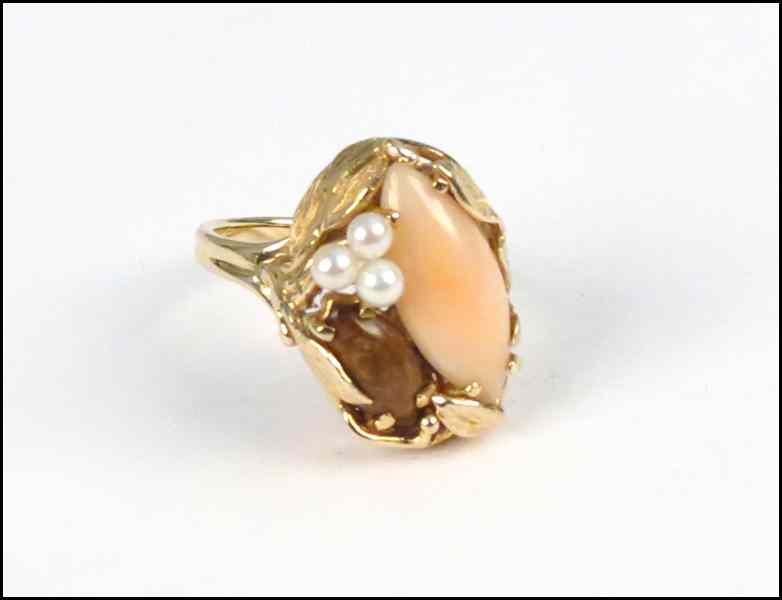 Appraisal: ANGEL SKIN CORAL PEARL AND KARAT YELLOW GOLD RING Maui