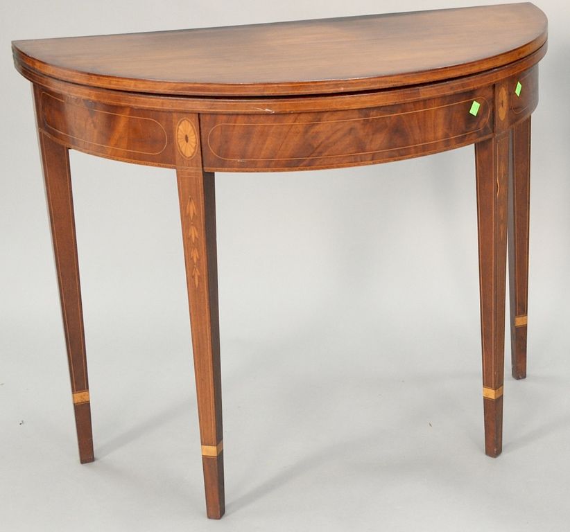 Appraisal: Custom mahogany demilune table with oval inlaid panels probably late