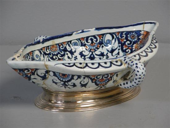 Appraisal: Rouen pottery double-lipped sauceboat th century painted in blue and