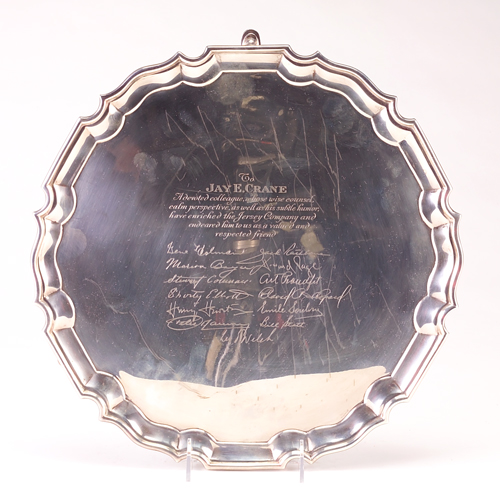 Appraisal: Sterling circular tray in Chippendale-style English with inscribed dedication t