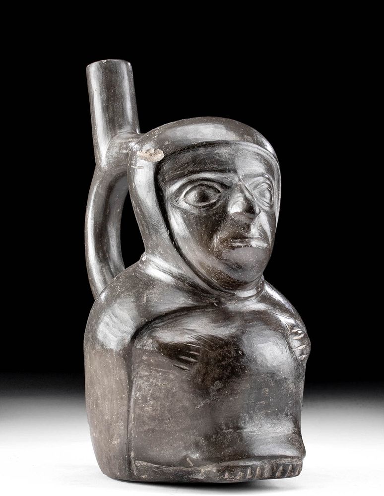 Appraisal: Moche Blackware Seated Figural Stirrup Vessel Originally Listed At Pre-Columbian