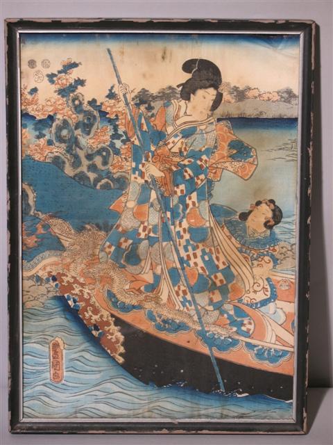 Appraisal: TOYOKUNI TH CENTURY JAPANESE LADY AND HER ATTENDANT BOATING Color