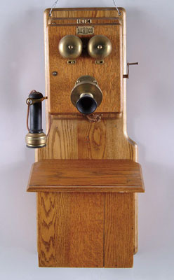 Appraisal: OAK WALL TELEPHONE By Seroco Brass bells and mouthpiece Oak