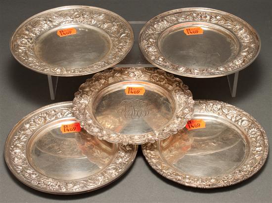 Appraisal: Five American repousse sterling silver bread plates th century including