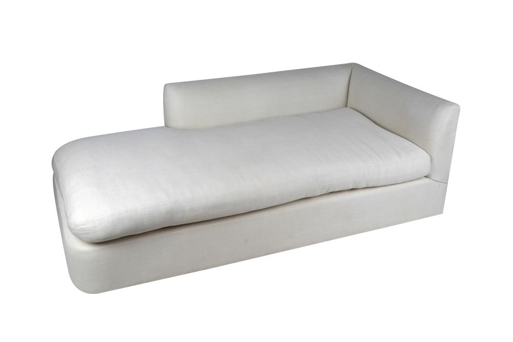 Appraisal: KREISS OFF-WHITE LINEN-UPHOLSETERED CHAISE LOUNGEwith manufacturer's label with two large