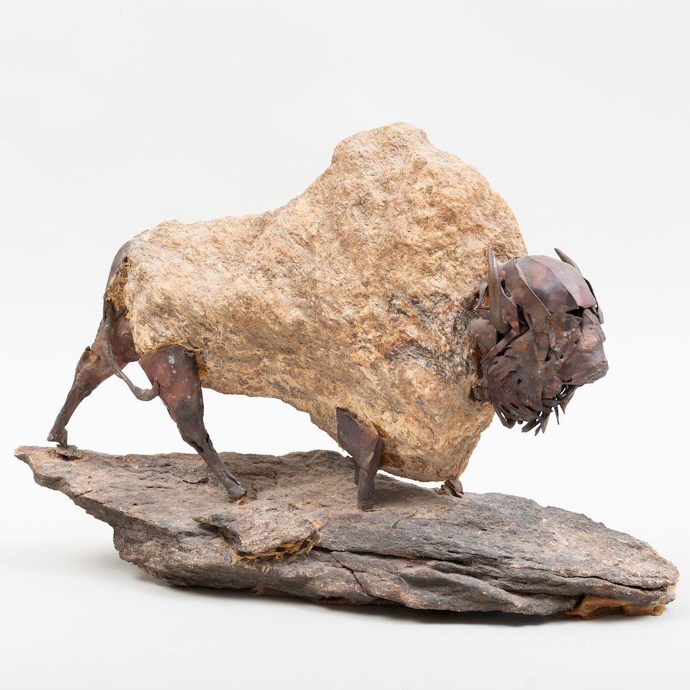 Appraisal: Contemporary Metal-Mounted Carved Stone Figure of a Buffalo x x